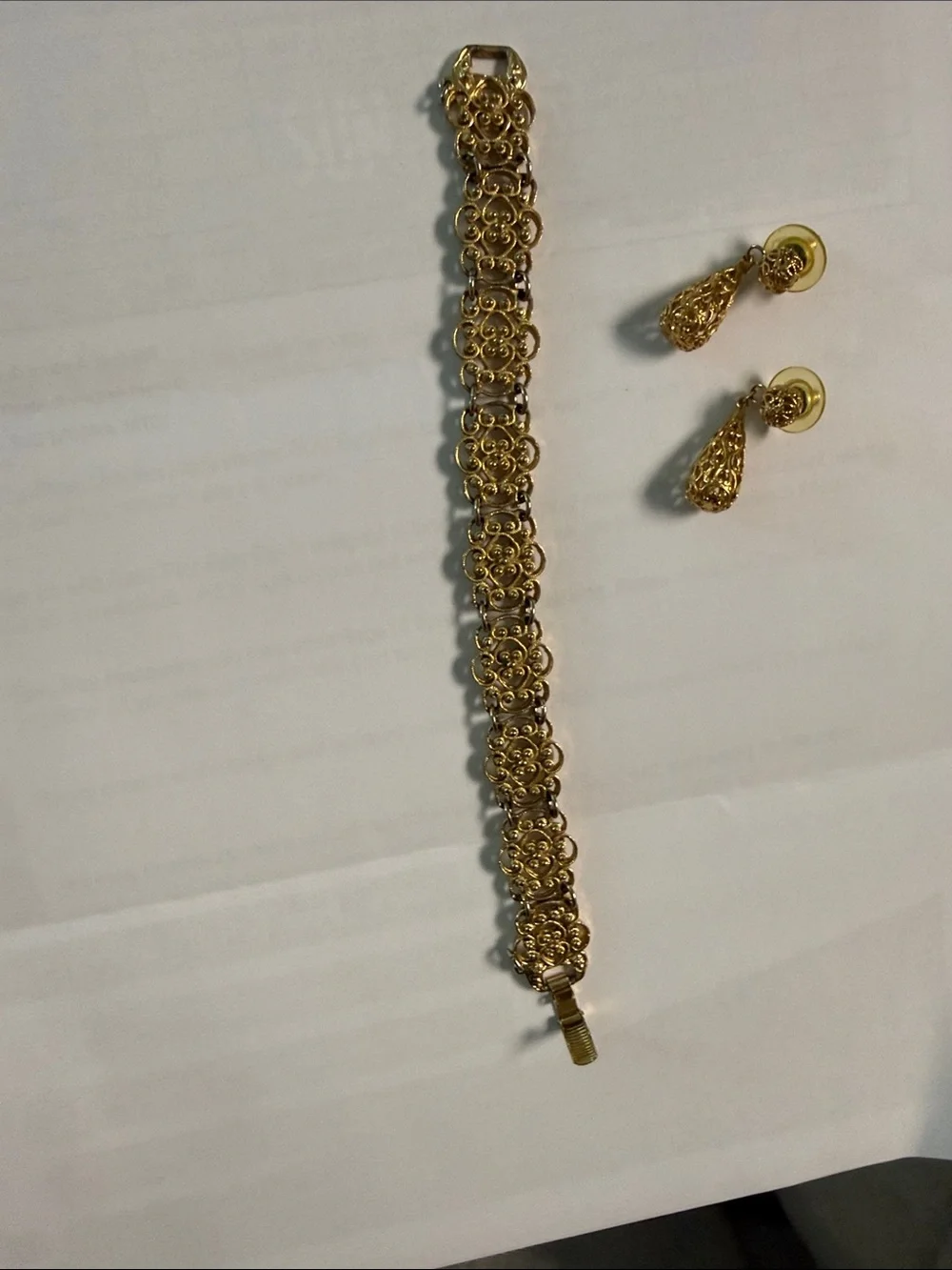 Vintage Gold Filigree Bracelet and Drop Earrings Set - Elegant Women's Jewelry